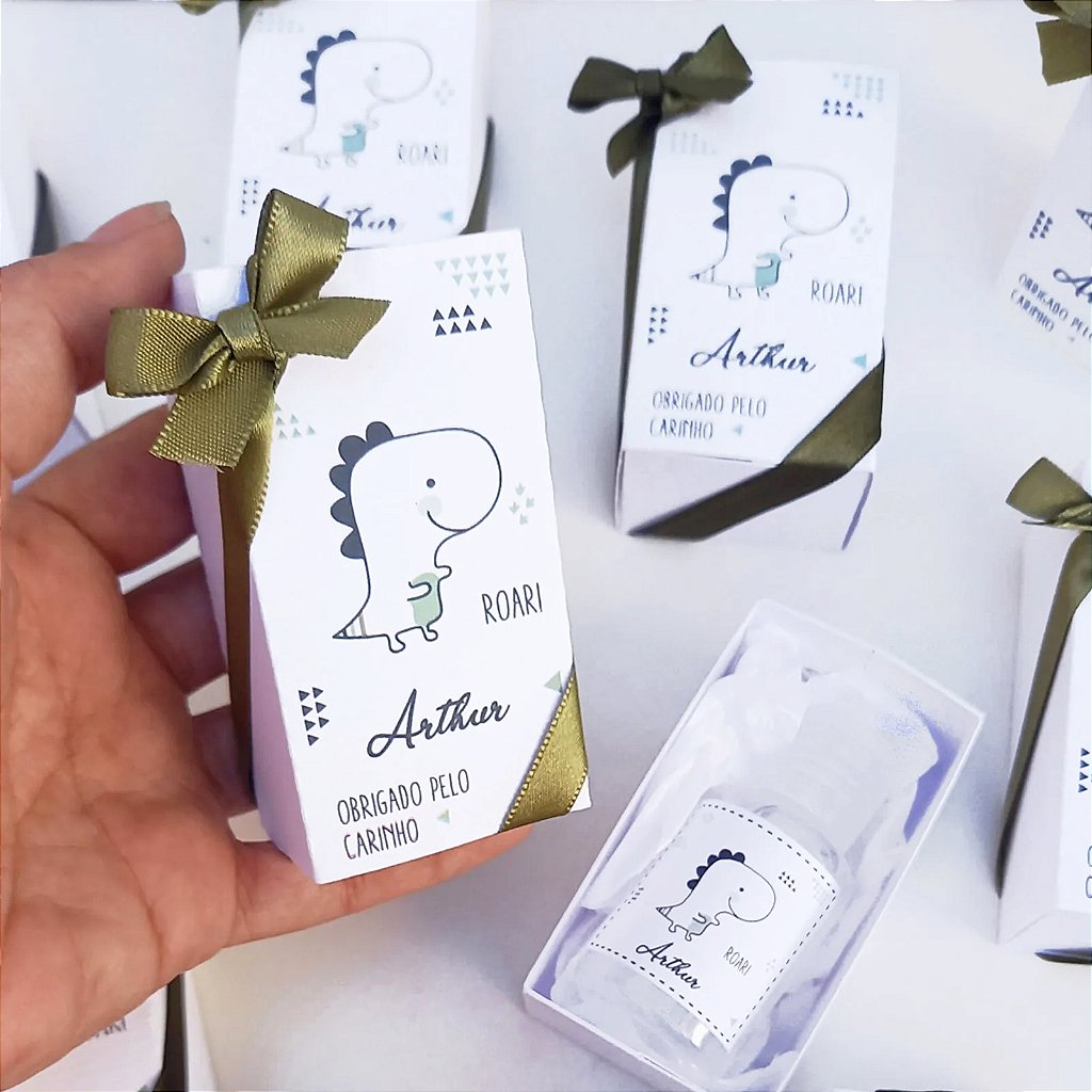 Mini álcool em gel Dinossauro personalizado com caixinha