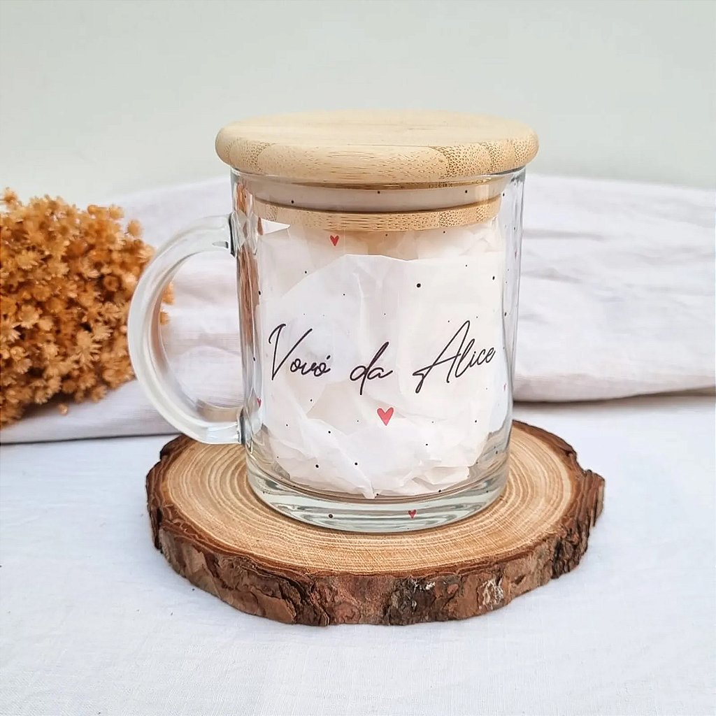 Caneca de vidro transparente com tampa de bambu