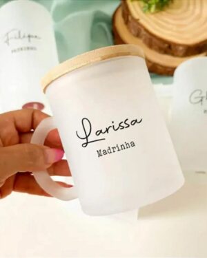 Caneca de vidro fosca com tampa de bambu