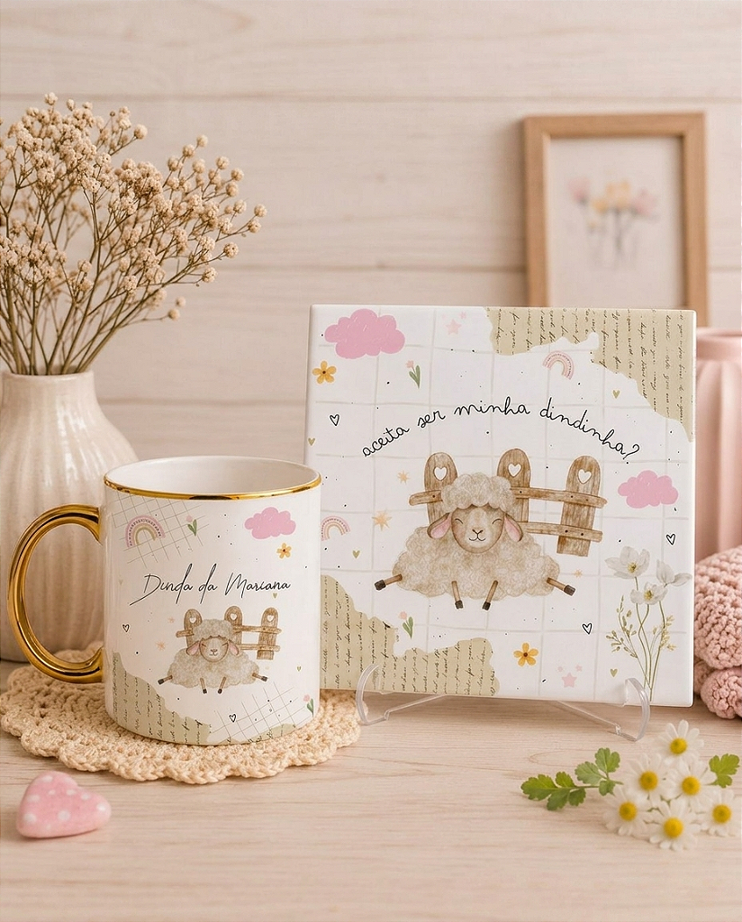 Kit Caneca e Azulejo Ovelha Dinda Personalizada